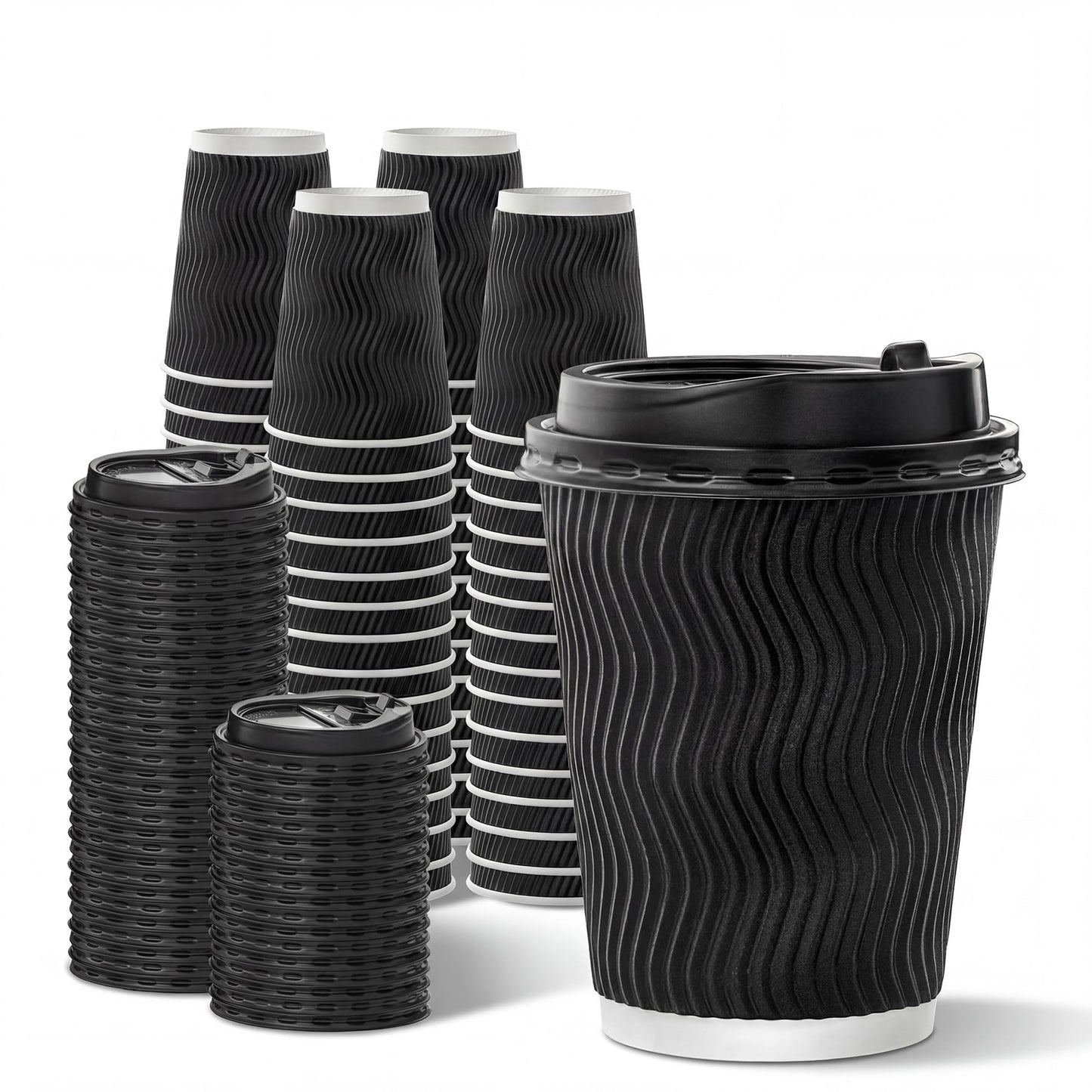 NUPANT 12oz -50 Pack Disposable Coffee Cups with Lids Insulated Corrugated Paper Cups Kraft Ripple Wall Paper Coffee Cups to Go for Hot/Cold Drinks, Disposable Cups for Home Office Party Cafe(Black)