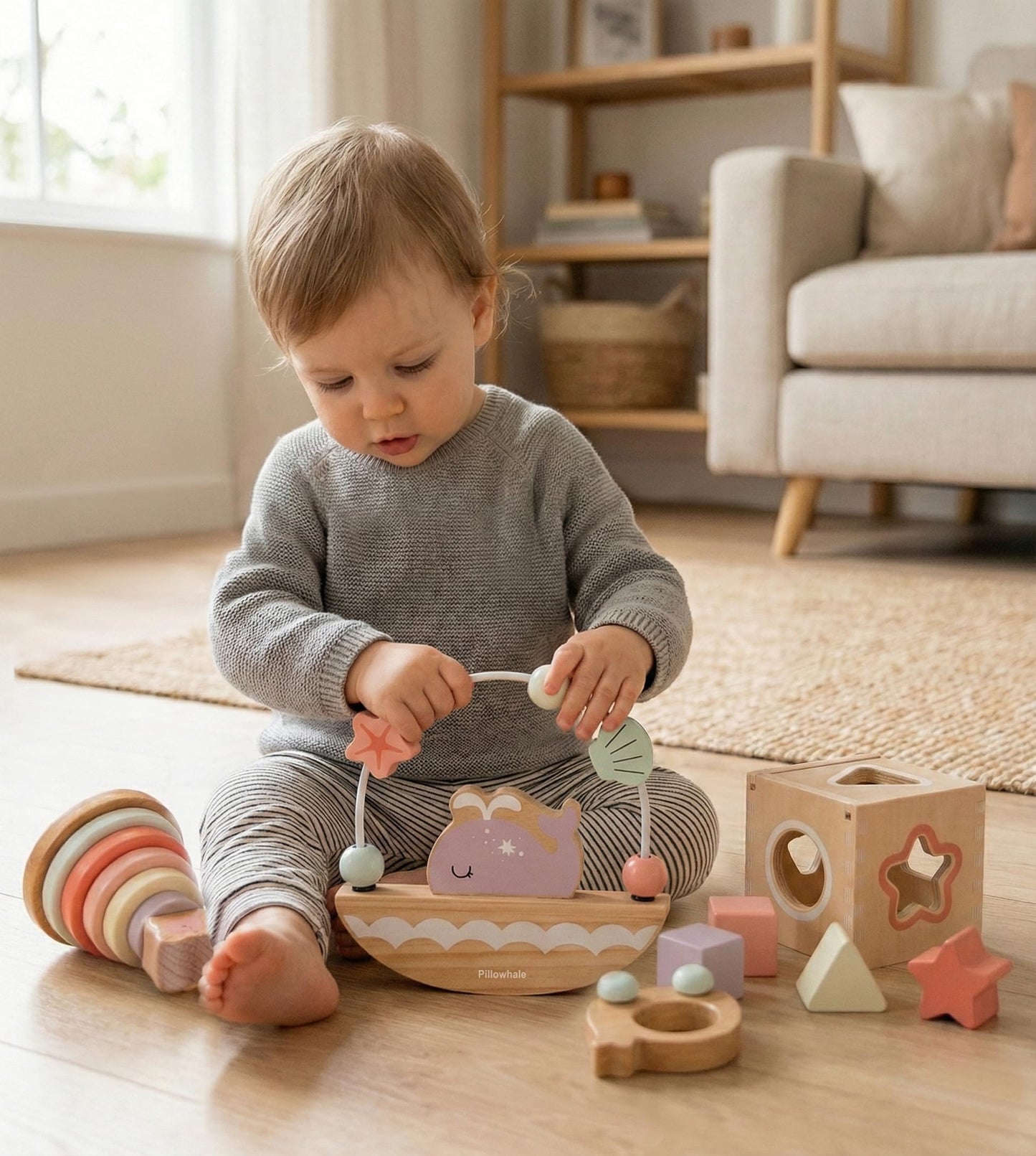 Pillowhale Montessori Wooden Toys Set for Toddlers 12M+ – 4-in-1 Educational Toy with Stacking Rings, Shape Sorter, Bead Maze & Push Car