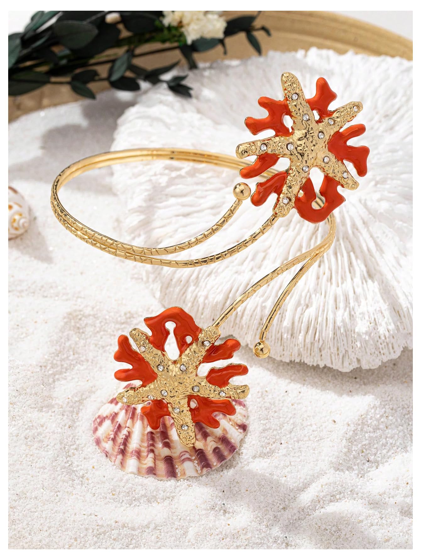 MakeMeChic Beach Gold Arm Cuff Jewelry for Women Bangle Band Armlet Flower Upper Arm Cuff Bracelet Summer Beach Essentials Orange Starfish One-Size