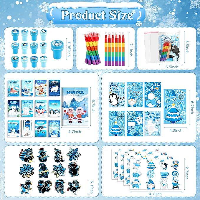 BenLouis Winter Party Favors Set Holiday Themed Coloring Book Classroom Gift Prizes Bulk for Students Kids Christmas Frozen Birthday Goodie Bag Stuffers Pinata Filler (12Set Snowflake)