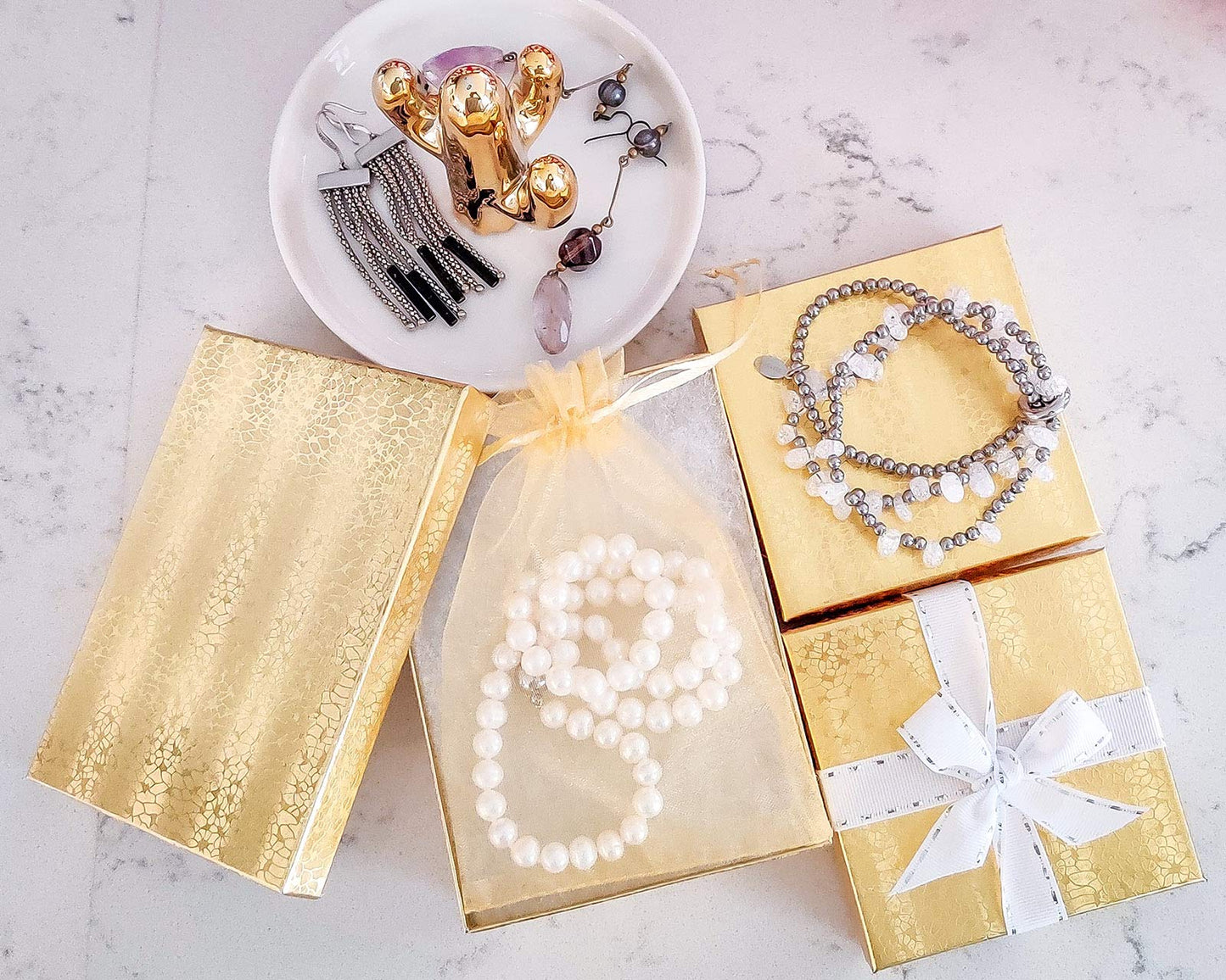 TheDisplayGuys - 25-Pack #53 Kraft Paper Cardboard Gift Boxes/Jewelry Cases w. Cotton Padding & Lid - Gold Foil - (5.4" x 3.9" x 1.0")