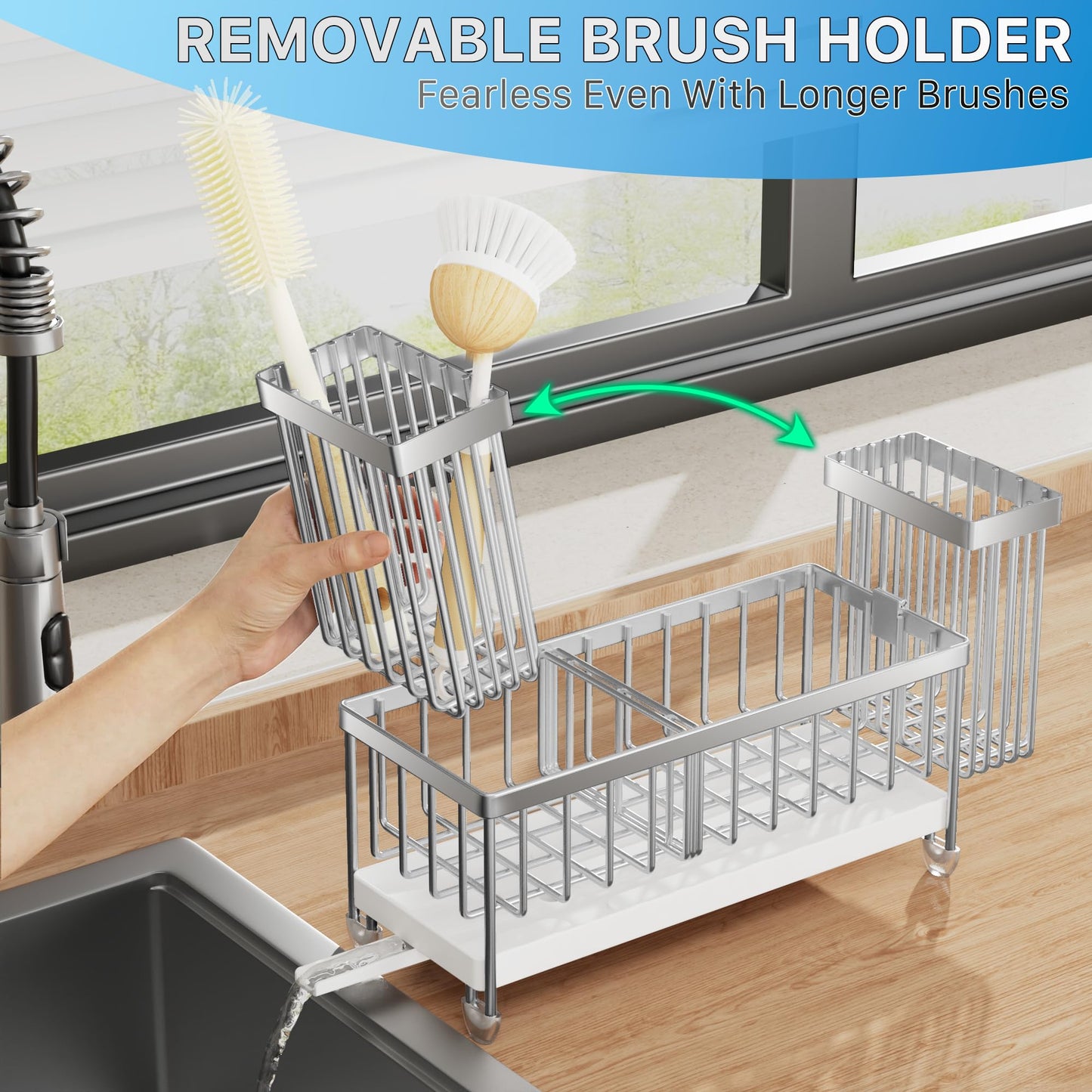Cisily Sponge Holder for Kitchen Sink, Sink Caddy Organizer with High Brush Holder, Kitchen Countertop Organizers and Storage Essentials, Rustproof 304 Stainless Steel (Silver, 9.25″)