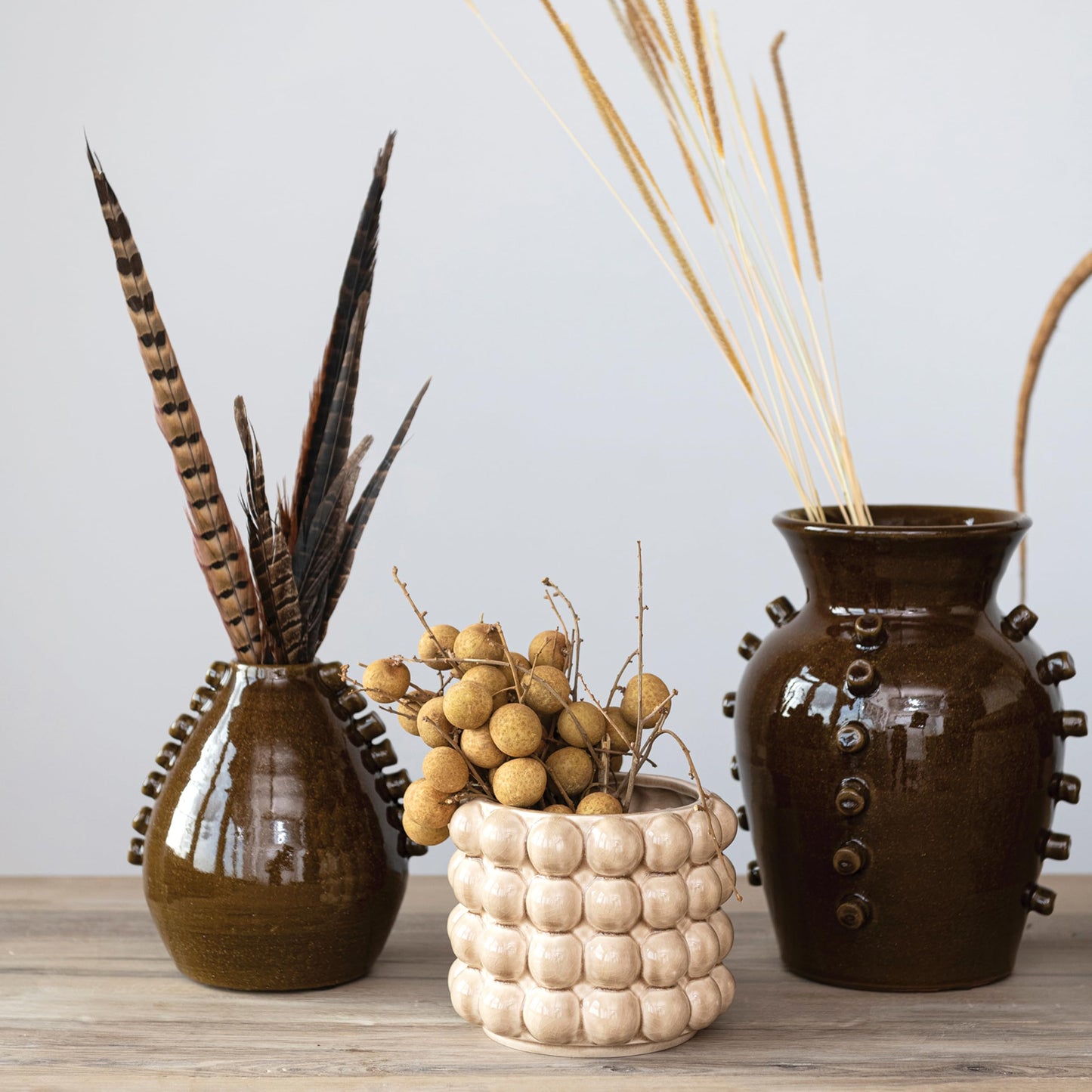 6 Inches Round Stoneware Planter with Raised Dots, Holds 4 Inches Pot, Tan