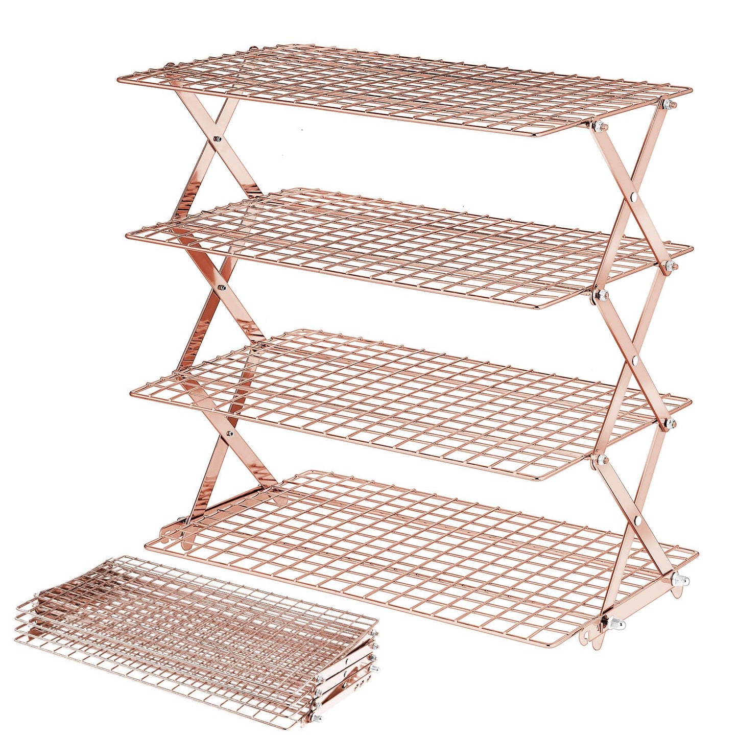 BEWOS 4 Tier Collapsible Cooling Rack - Adjustable Stainless Steel Baking Rack with Mesh Leak Proof，Foldable X-Shaped Structure Cooling Racks for Cooking and Baking, Dishwasher Safe（ Rose Gold）