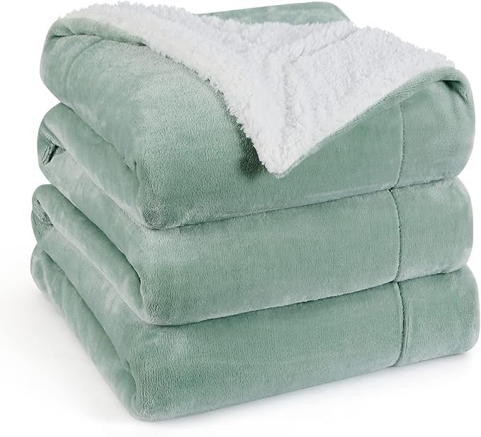 Bedsure GentleSoft Sherpa Fleece Blankets Queen Size for Bed - Thick and Warm, Soft Fuzzy Plush Queen Blanket for Winter, Sage Green, 90x90 Inches