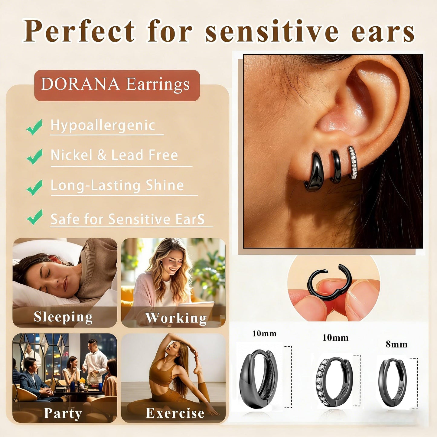 DORANA Black Earrings for Women Non Tarnish Small Huggie Earrings 925 Hypoallergenic Cartilage Stackable Sleeper Hoops Black Stacks Sets for Multiple Piercing,3 Pairs