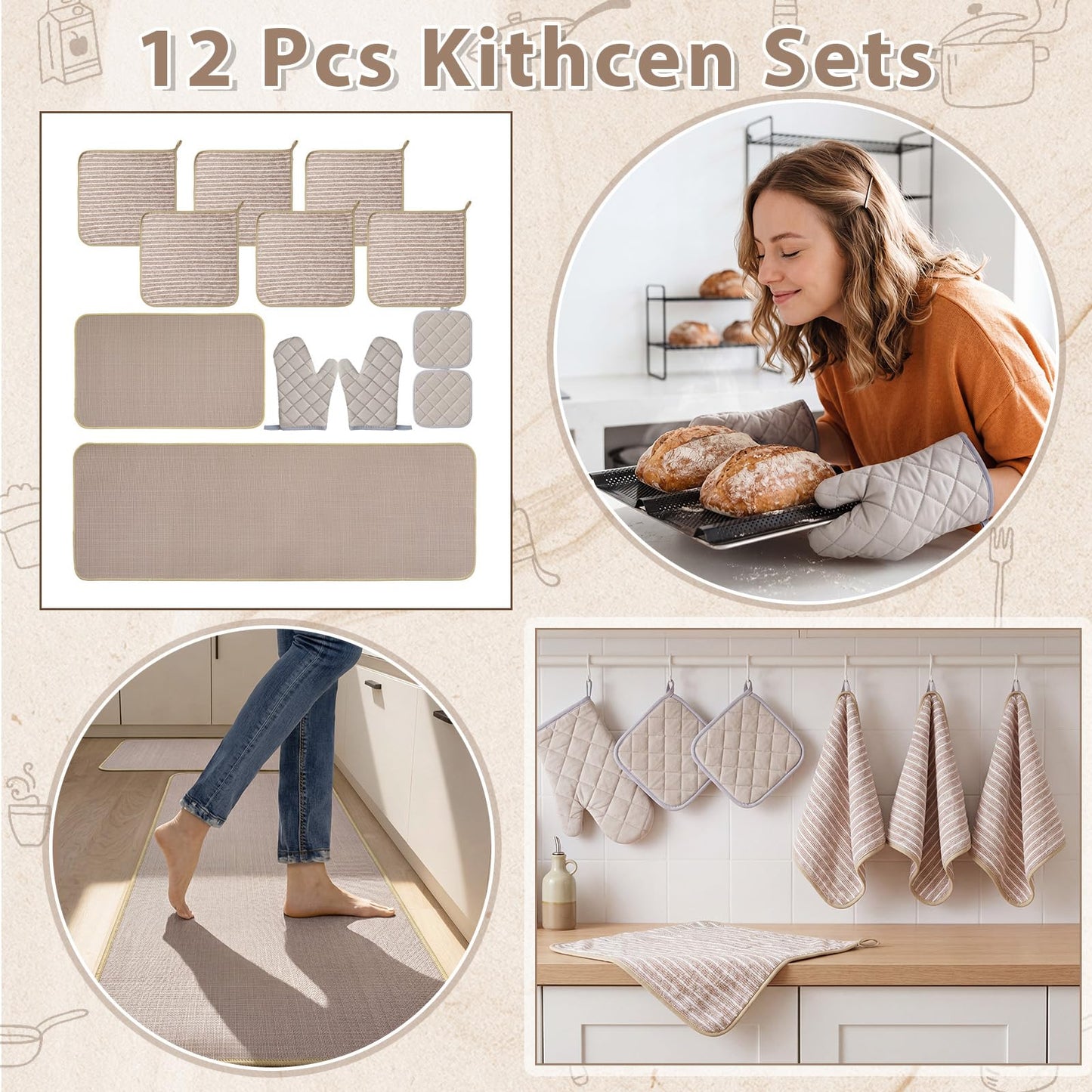 Batiyeer 12 Pcs Farmhouse Kitchen Decor and Accessories Set 6 Kitchen Towels 2 Pot Holders 2 Oven Mitts 2 Rugs for Cooking Baking Mom Housewarming Gifts