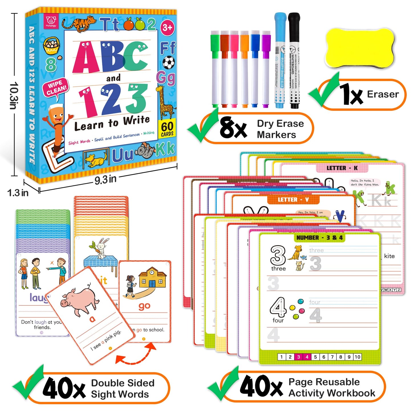 Hulupiggy Preschool Learning Activities - Reusable Letter & Number Tracing Book for Kids 3,4,5,6 Years Old -Builds Handwriting & Sight Words, PreK Kindergarten Workbook, Learning Toy Gift for Toddlers