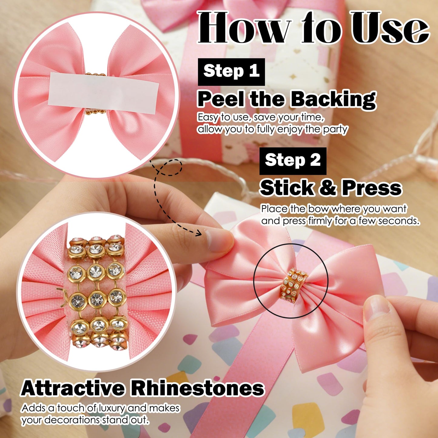 LiBongTa Pink Satin Bows 12 PCS Premade Self Adhesive 3.5" Gift Bows with Rhinestone for Wedding Party Event Decor Gift Wrapping Craft Baby Shower Wedding Treat Bags Presents Making Greeting