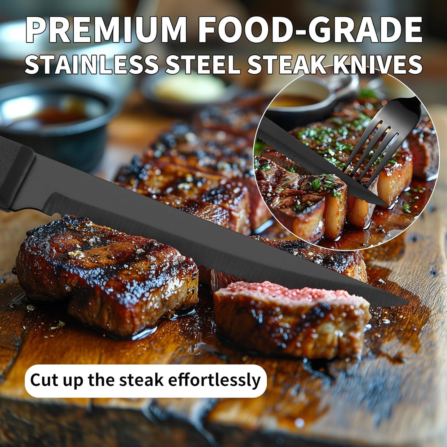 24-Piece Black Silverware Set with Steak Knives Black Stainless Steel Flatware Set for 4 Food Grade Tableware Cutlery Set Rust-proof, Mirror Polished, Dishwasher Safe