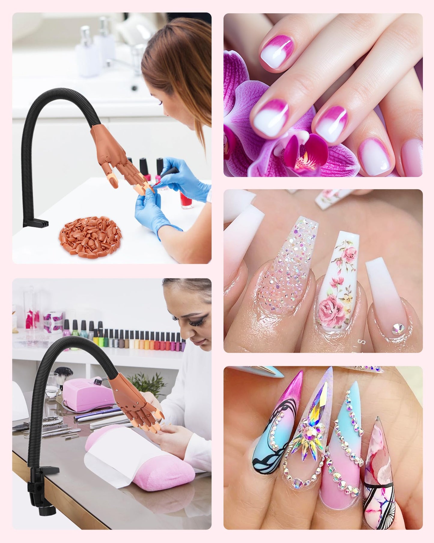 Practice Hand for Acrylic Nails, Flexible Nail Practice Hands Magnetic Fake Hands for Nails Practice, Movable Nail Mannequin Hand with 200PCS Nail Tips for Beginners