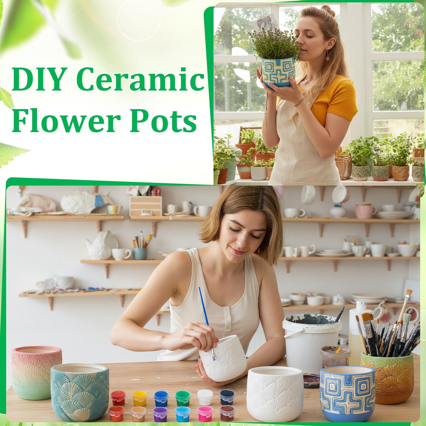 Zubebe 12 Pcs Paint Your Own Ceramic Pots Bulk Unfinished Succulent Pots Craft Kit with Drainage Hole Mini Paintable Plant Vase Ready to Paint Planter for Cactus DIY Craft (Nordic Embossed)