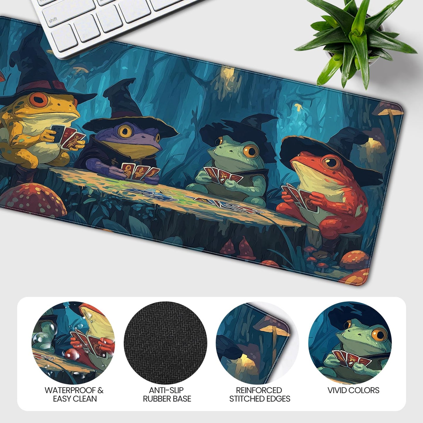 Anime Frog Playing Card Gaming Mouse Pad, Extended 35.4 x 15.7 Inches, Non-Slip Rubber Base, Stitched Edges,Water Proof， XXL Desk Mat