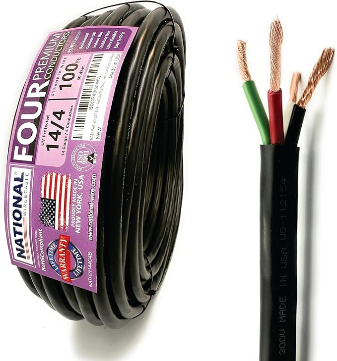 NATIONAL Wire & Cable – 14 AWG 4-Conductor Premium Copper Wire, 100 ft, Stranded | Made in USA, Heavy-Duty Flexible Jacket | Automotive, Low Voltage, LED, Lights, DIY, Indoor and Outdoor Use