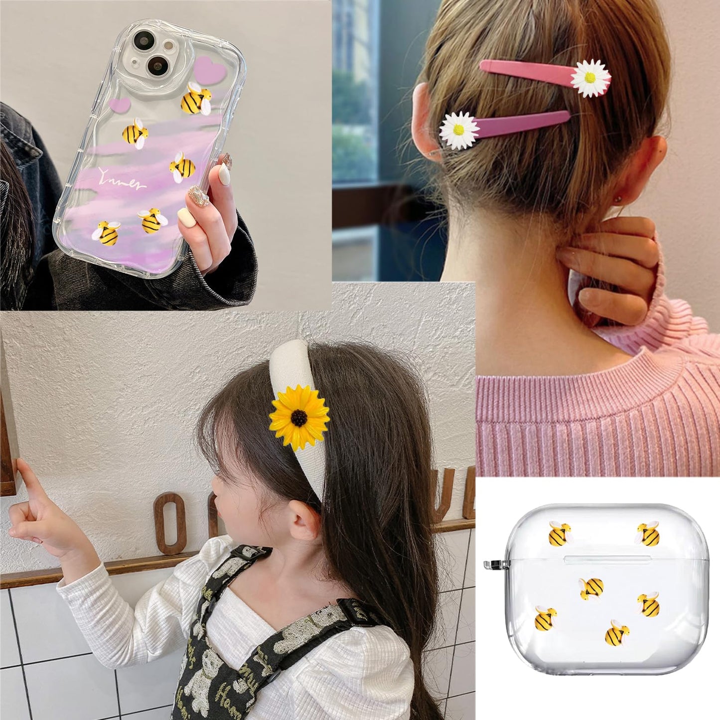 DANUDON 100PCS Mini Bees for Crafts Resin Bee Daisy Flowers Decor, 3 Sizes Sunflower Bumble Bee Embellishment Beads Charms for DIY Christmas Wreath Scrapbooking Party Decorations, with Box