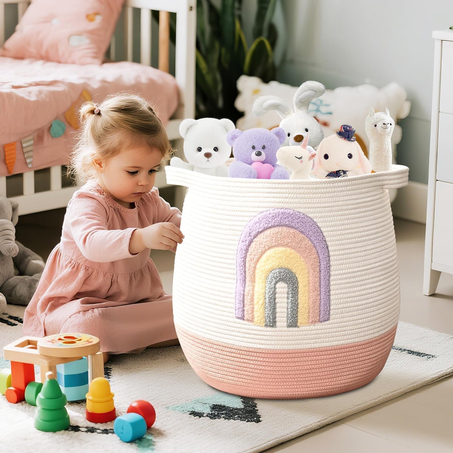 Large Baby Laundry Hamper, Rainbow Laundry Basket for Baby, Toy and Blanket Storage Basket for Nursery and Playroom, Cotton Rope Hamper for Kids, 17.7"x15.7"