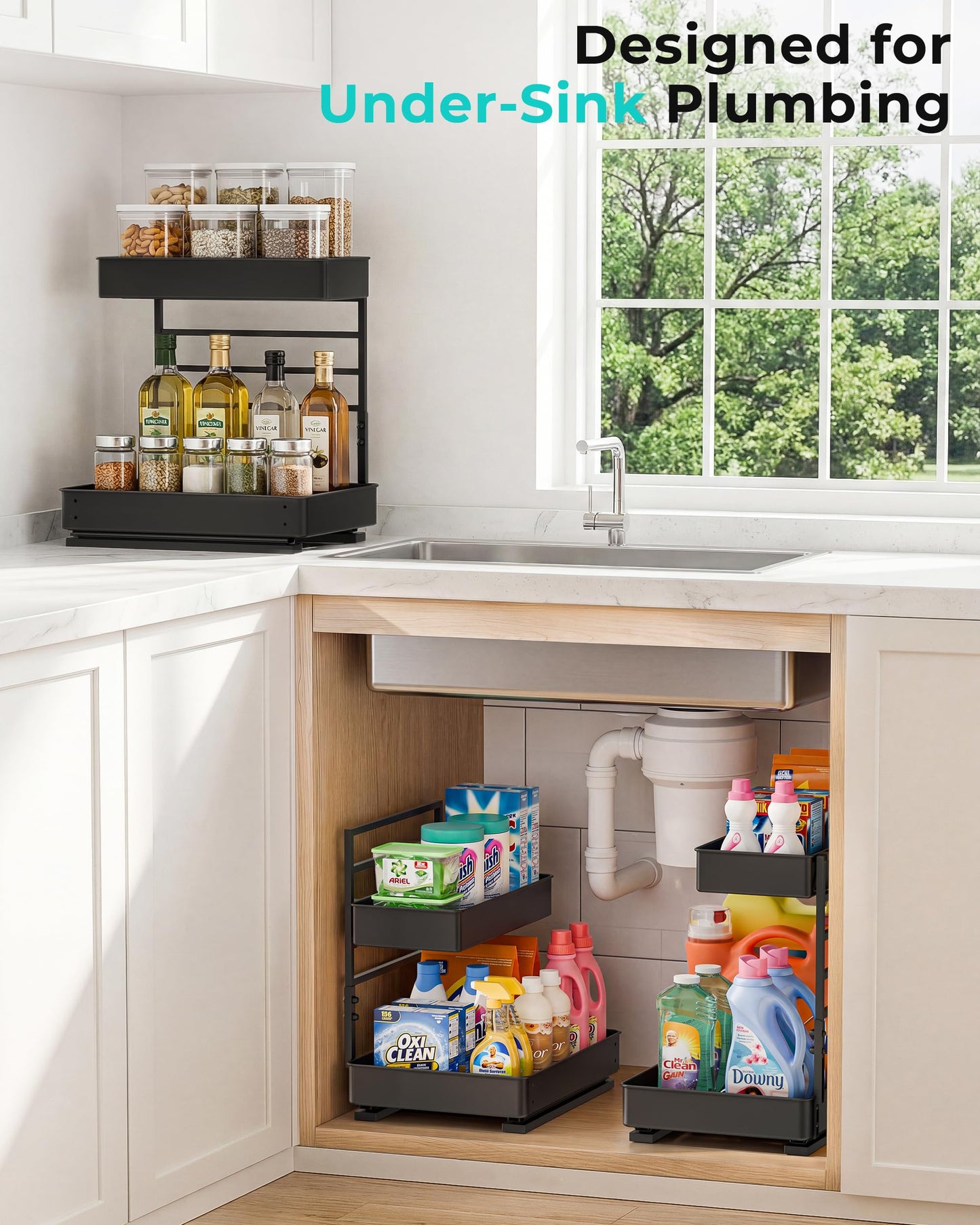 EVERIE Height Adjustable 2 Tier Metal Pull Out Slide Shelf Organizer for Under Sink Cabinets in Kitchen, Bathroom, with Snap-on Top Tray, 16" Deep (Black, 2 Sets)