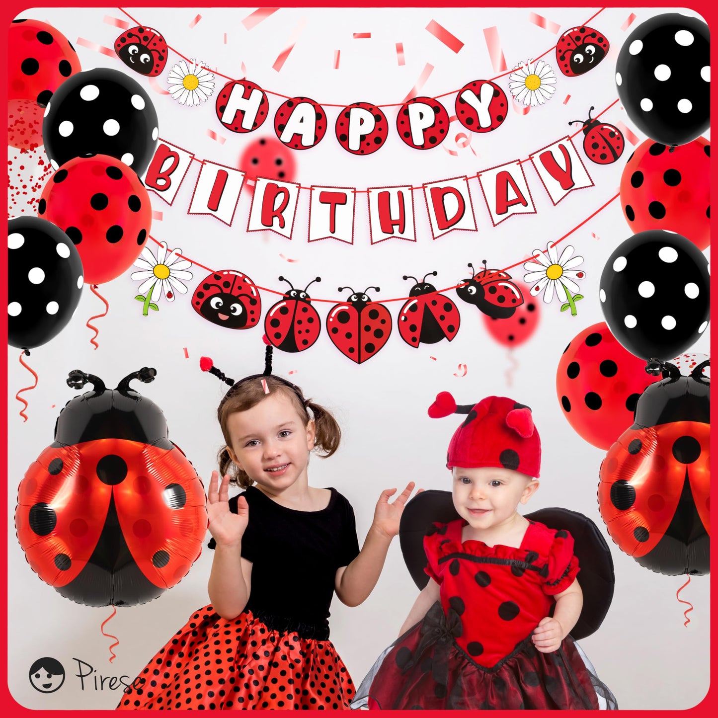 Pirese Ladybug Birthday Decorations, Ladybug Party Banner with Balloons, Pre-Strung Happy Birthday Decor Kit