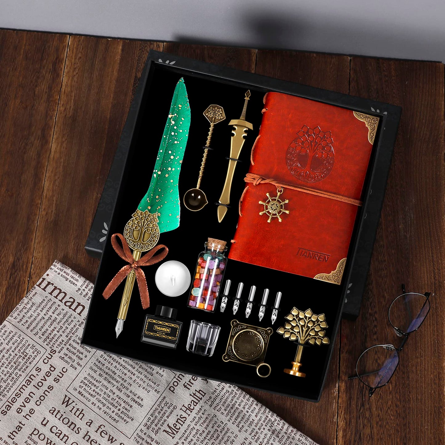TIANREN Quill Pen and Ink Set,Feather Dip Pen,Antique Calligraphy Pen with 5 Replaceable Nibs,Wax Seal Stamp kit,Wax Beads & Leather Writing Notebook Christmas gift for Men&Women(Green)