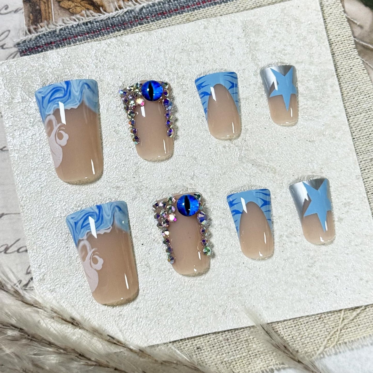 IMRAIN Press on Nails Medium Duck Fake Nails Blue French Tip False Nails with Rhinestone Design Stick on Nails for Women