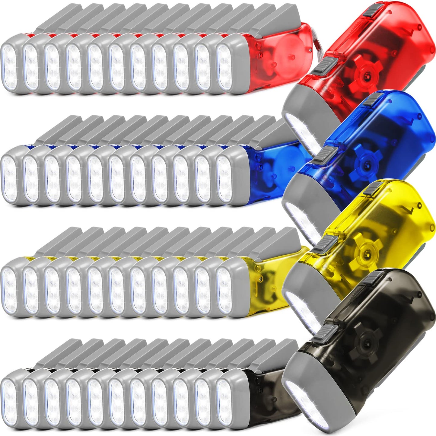 Leelosp 48 Pcs Hand Crank Flashlight No Battery Required Cranked Flashlight Manual Press Flash Light Squeeze Light for Camping Hiking Power Outage Gift (Red Blue Yellow Gray)