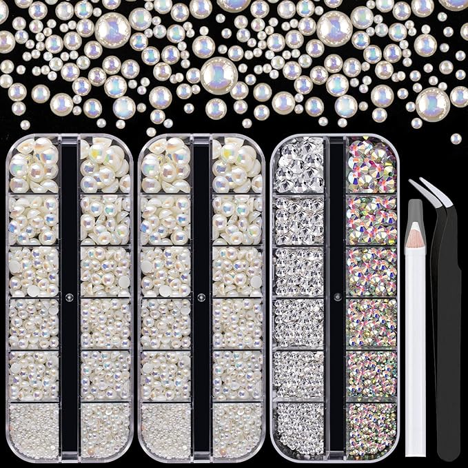 4000PCS Flatback Rhinestones and Half Round Pearls Kit #3, Multi Size Glass Clear & AB Crystals, Plastic Flat Back Beige AB Dome Bead with Pickup Pencil and Tweezer for Nail Art