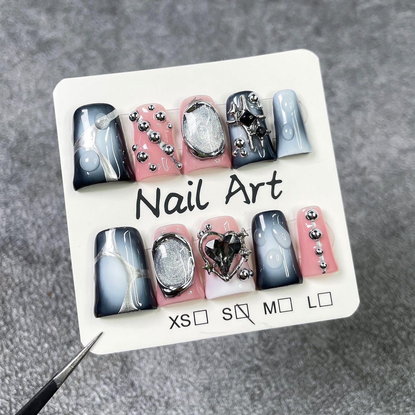 French Tip Press on Nails Handmade Short Duck 3D Flower Thick Acrylic Nails Gothic False Nails with Stars Rhinestones Water Drop Designs Black&White Glossy Fake Nail Sturdy Art Press on Nail 10Pcs(M)