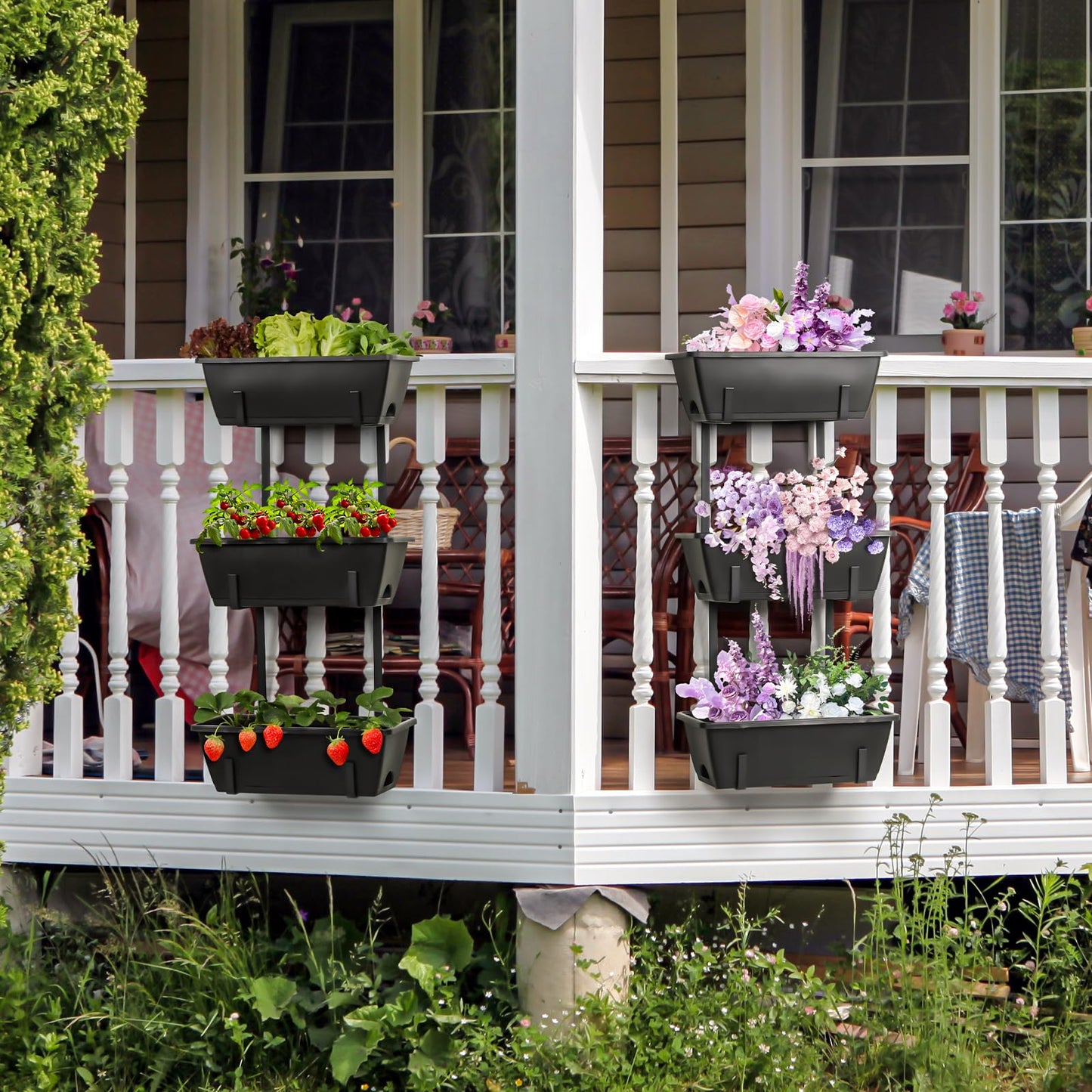 OYEAL Railing Planter Box Black Hanging Window Boxes Planter with Adjustable Brackets, Outdoor Set of 2 Deck Rail Planters with 6 Detachable Plastic Flower Pots for Garden Fence, Patio, Windowsill