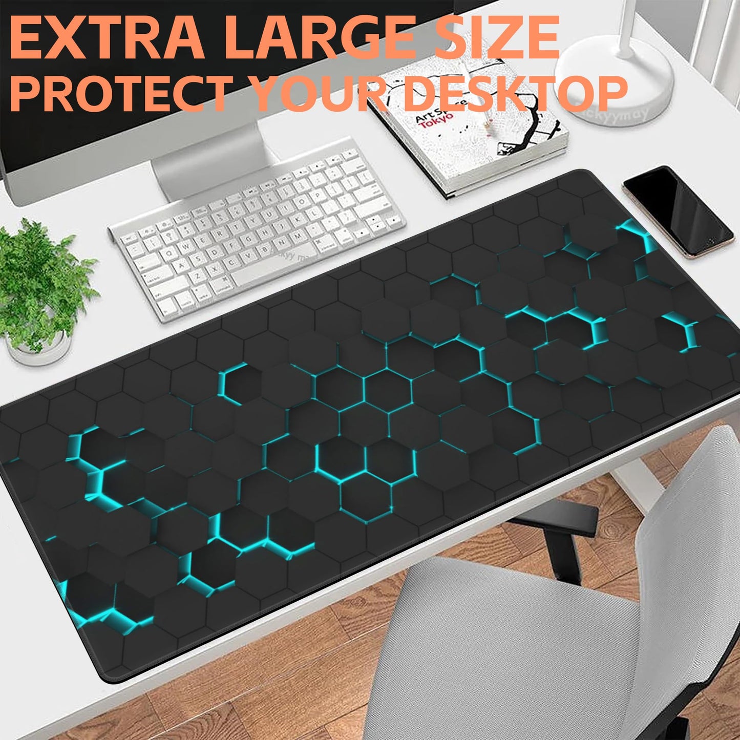 NIYLYNSYN Mouse Pad Large Abstract Hexagonal Neon Non-Slip Game Desk Mat with Stitched Edge Laptop Keyboard Desk Pad for Work Home Gaming (35.4 x 15.7 Inches)
