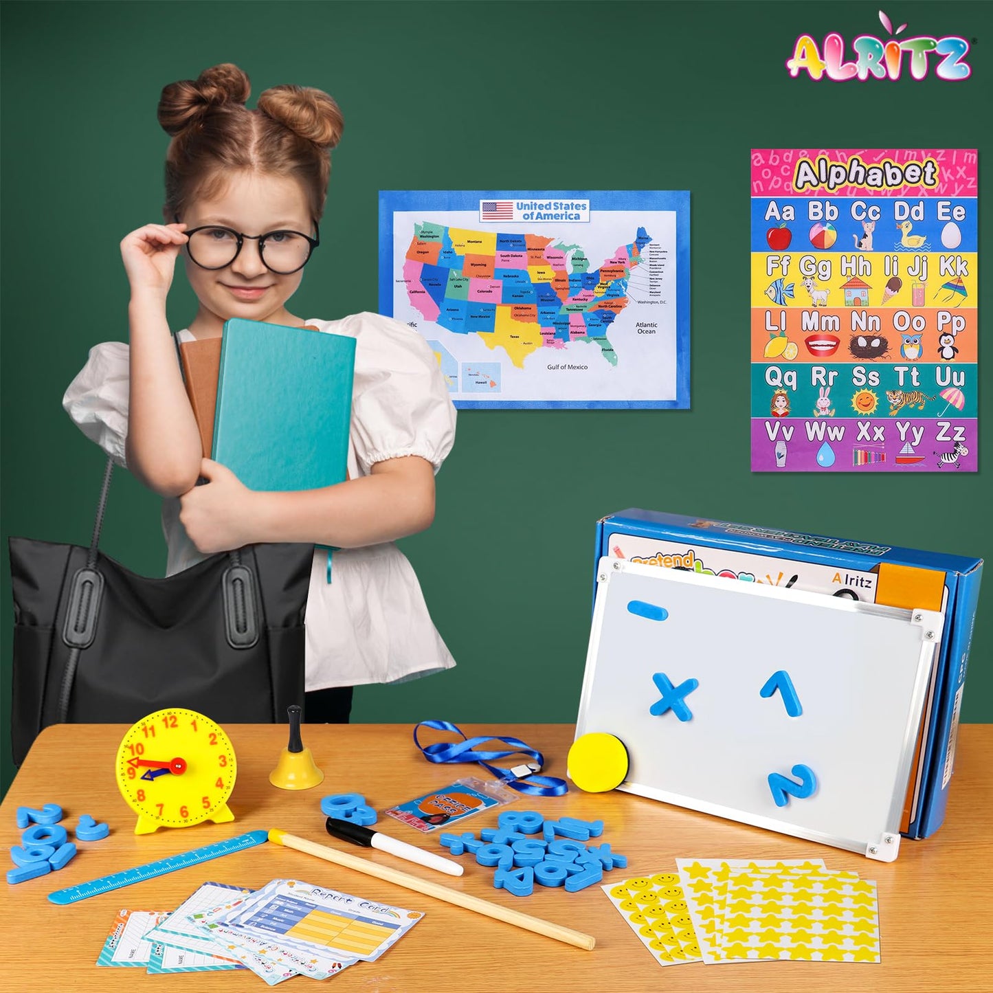 Alritz Pretend Play Teacher Set - Classroom Learning Education Includes Reusable White Board Bell Clock and More, Be Teacher Student, Gift for Boys Girls 5 6 7 8 9 10 11 12 +Years Old