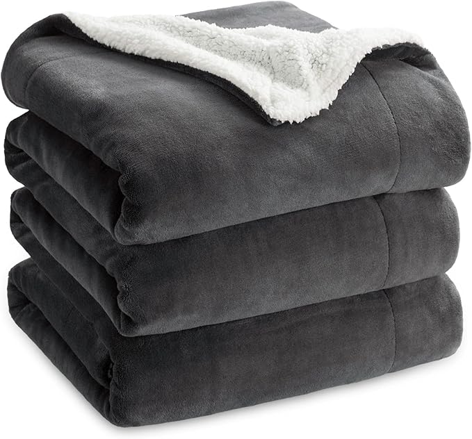 Bedsure Sherpa Fleece Blankets Queen Size for Bed - Thick and Warm, Soft Fuzzy Plush Queen Blanket for Winter, Charcoal, 90x90 Inches