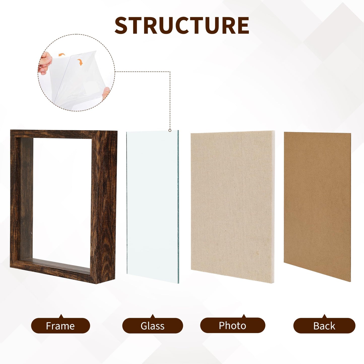 8x10 Shadow Box Frame with Linen Back - Real Glass, Push Pins Included, Sturdy Rustic Memory Display Case, Fits 6.8x8.8 Inserts