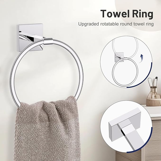 5-Piece Polish Chrome Bathroom Hardware Set, SUS304 Stainless Steel Bathroom Accessories Set 23.6 inches Towel Bar, Toilet Paper Holder with Shelf, Towel Ring and Two Towel Hooks Wall-Mounted
