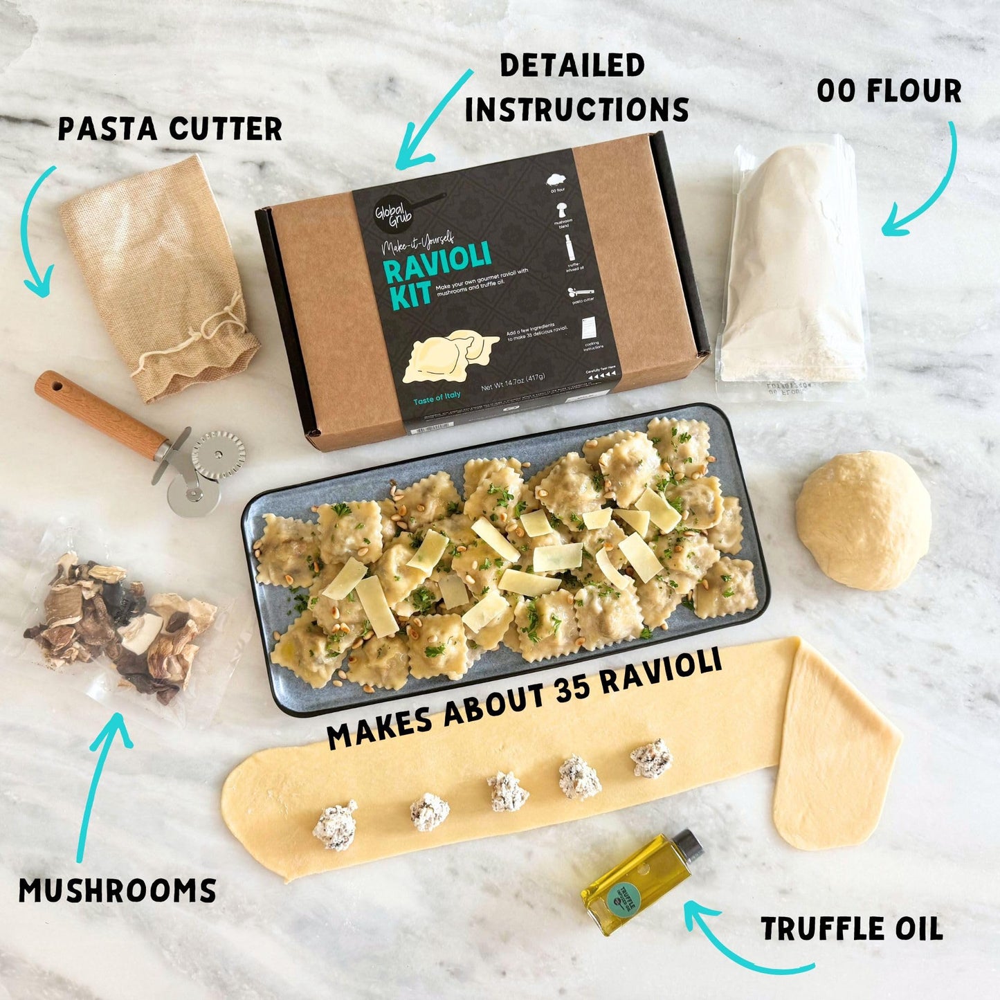 Global Grub DIY Ravioli Making Kit – Make Your Own Pasta Kit at Home • Includes 00 Flour, Gourmet Mushrooms, Truffle-Infused Oil and + Pasta Cutter Wheel • Gourmet Pasta Gift