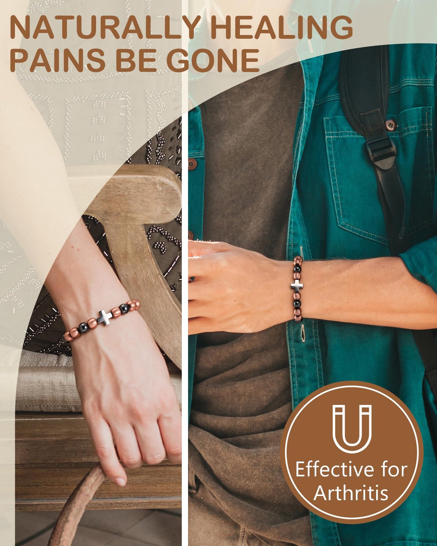 Feraco Pure Copper Magnetic Bead Bracelet for Men Women with Cross, 8mm 99.99% Solid Copper & 3500 Gauss Magnetic Hematite Beads, Unisex Stretch Wristband, Gift-Ready Jewelry (Silver)