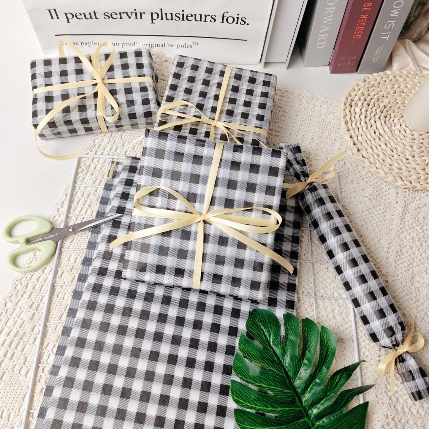 150 Sheets Buffalo Plaid Tissue Paper Gingham Black and White Checkered Tissue Paper Bulk Gift Bags Wrapping Tissue for Christmas DIY Art Craft Wedding Birthday Baby Shower Decor, 14 x 20 Inches