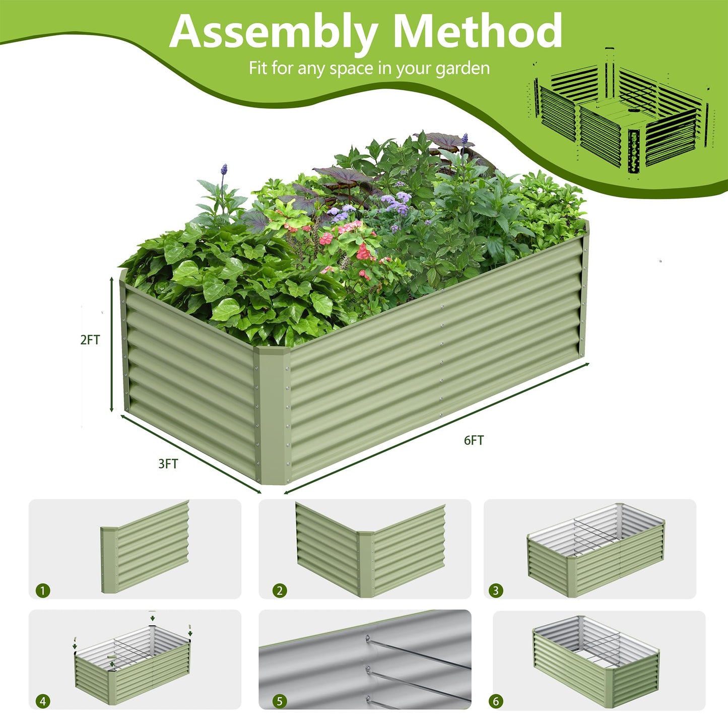 Ayen Guard 6x3x2FT Galvanized Raised Garden Bed,Galvanized Planter Boxes Outdoor, Large Metal Raised Garden Beds for Vegetables-Green