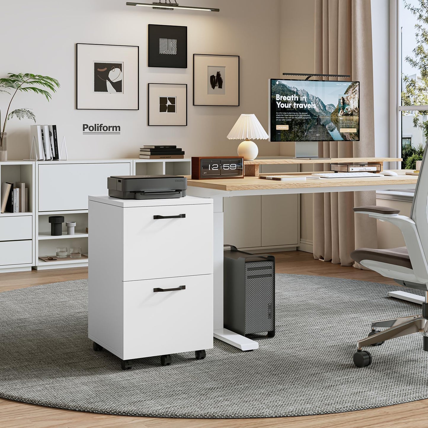 Sweetcrispy 2 Drawer Filing Cabinet White, Rolling Wood File Cabinets with Printer Stand Under Desk Storage Lockable Wheels, Home Office Organizer
