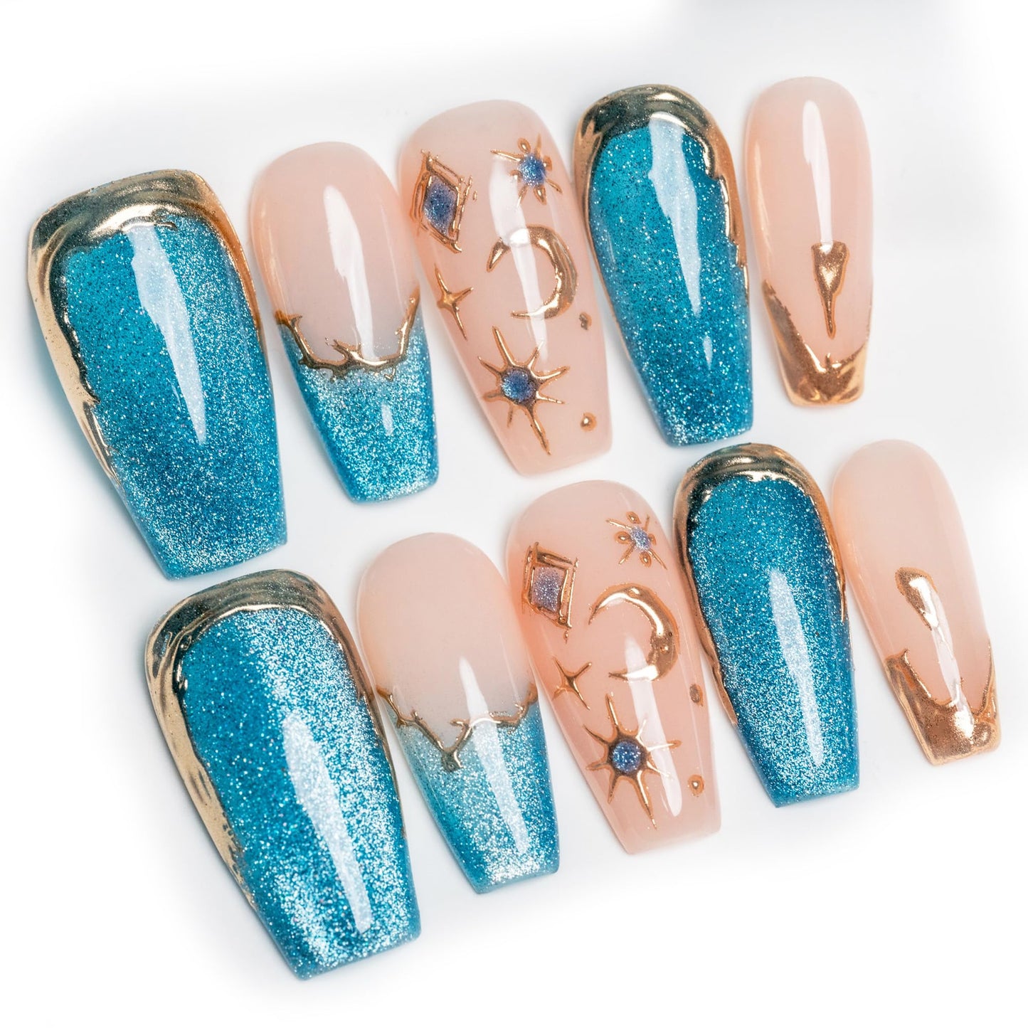 Sun&Beam Nails Handmade Press-On Medium Long Coffin Ballerina with Pink Blue Gold Color 3D Design Charm Cat Eye Cute False Nail Tips 10 Pcs (#082 L)