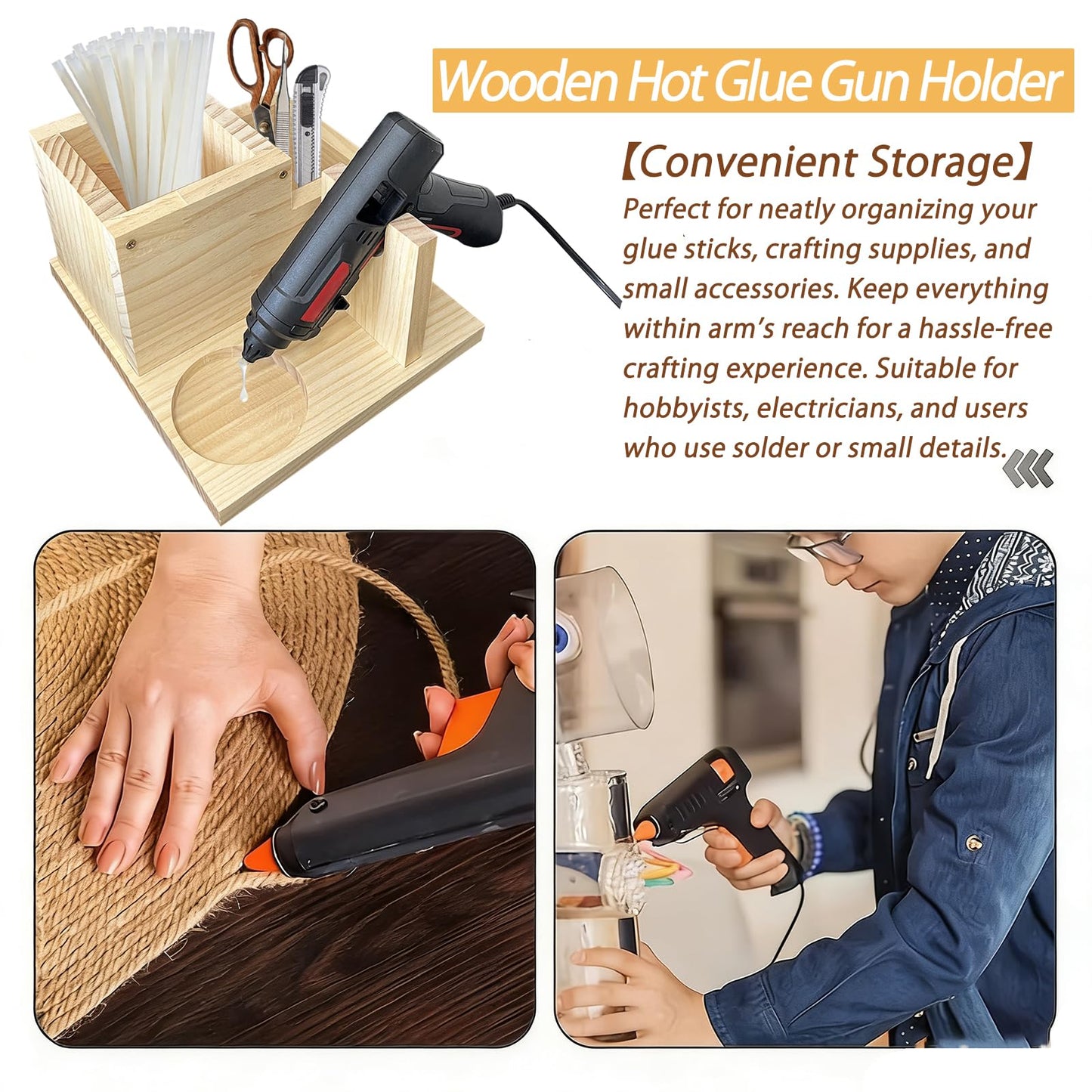 Kyuwdone Wooden Mini Hot Glue Gun Holder with Glue Stick Organizer, Hot Melt Gun Kit Storage Compartments, for DIY, Crafts, Home School Project KW009-Plus