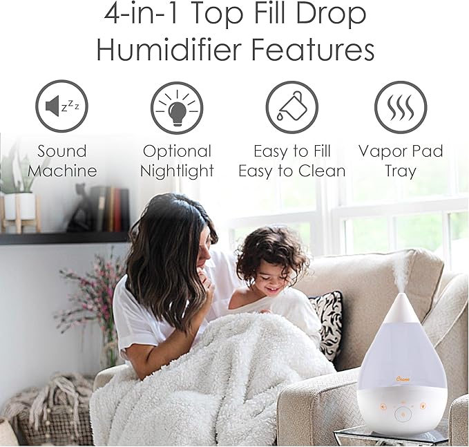 Crane 4-in-1 White Drop Ultrasonic Cool Mist Humidifier with Sound Machine, Night Light, Aroma Tray, 1 Gallon Top Fill White