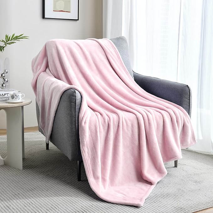SOCHOW Flannel Fleece Blanket Throw Size, All Season Lightweight Super Soft Cozy Blanket for Bed or Couch, Light Pink, 50x60 inches