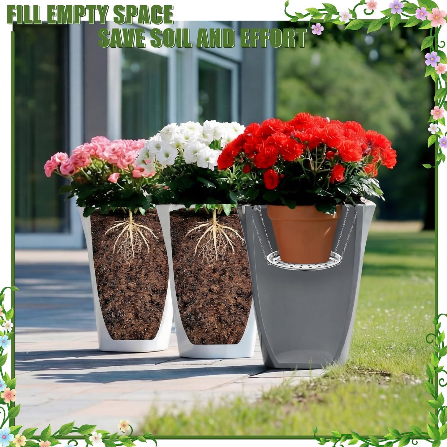 ElaraBerry 4 Set 11'' Adjustable Height Plant Inserts with Chain for Inside Pots Stainless Steel Plant Pot Insert Round Planter Filler Elevate Plants to Reduce Soil Usage for Large Tall Flower Pots