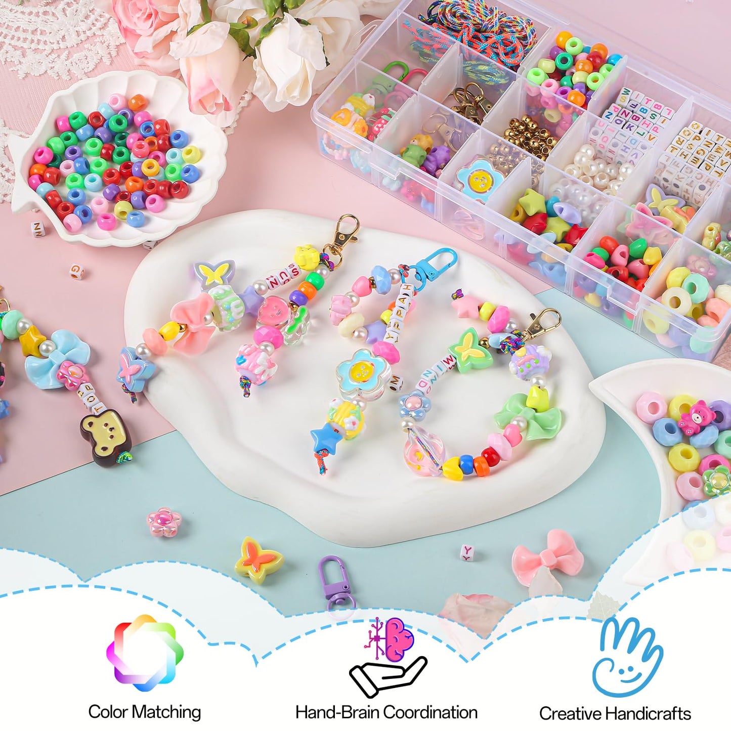Ecoofor 487 PCS Beaded Keychain Making Kit, Acrylic Letter Beads with Heart, Star & Flower Charms for DIY Jewelry, Bag Accessories & Crafts for Women