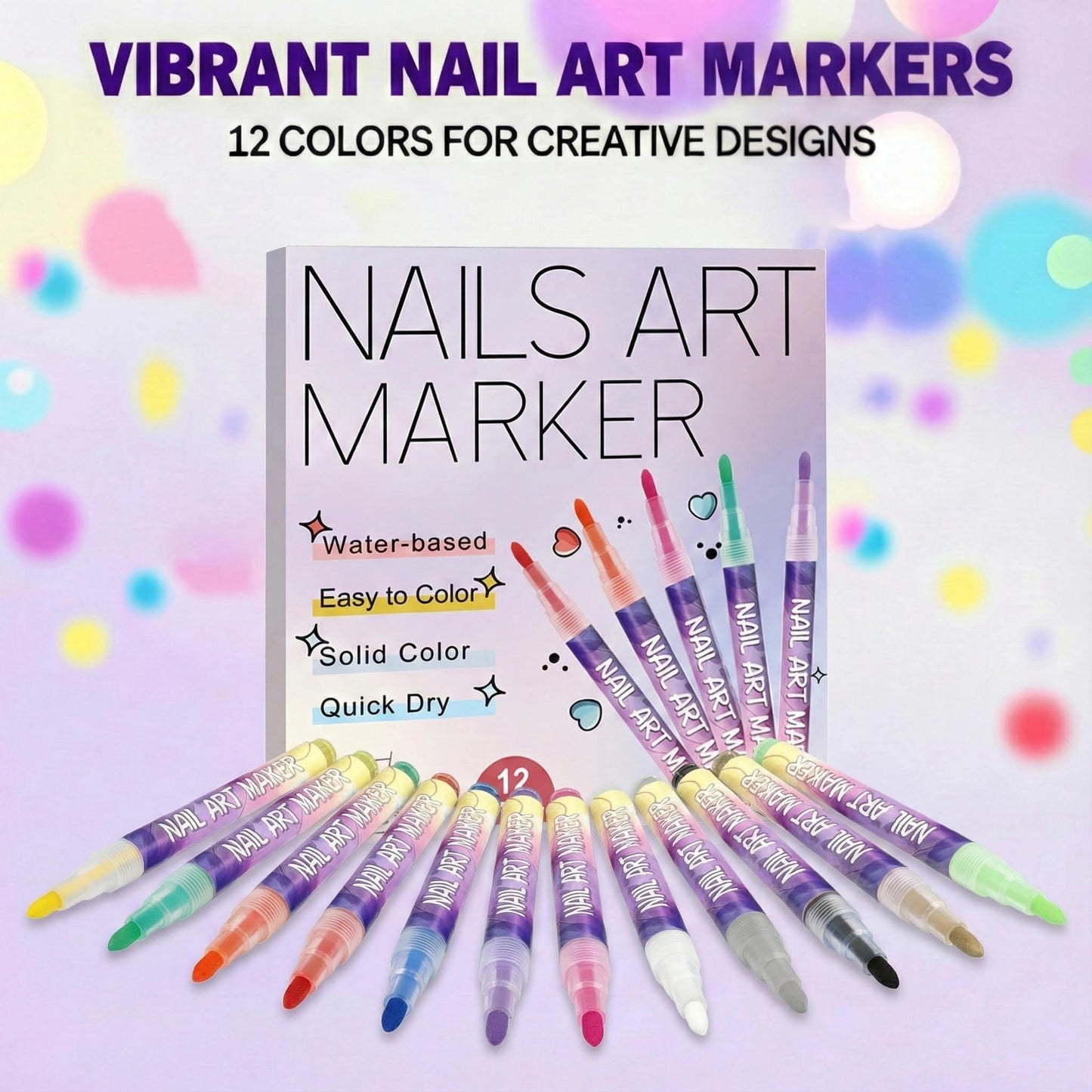 12 Colors Nail Art Pens Set, 0.7MM Quick-dry Nail Art Markers, Multi Purpose Acrylic Paint Pens Kit for Drawing & Home Salon Nail DIY