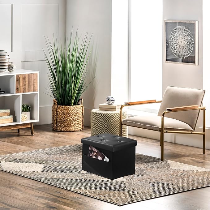 AmasSmile Storage Ottoman Folding Foot Rest Stool, Leather Footstool Bench, Short Ottoman Stool, Storage Foot Rest Store, Books (Side Pocket Black, 17" D x 13" W x 13" H)