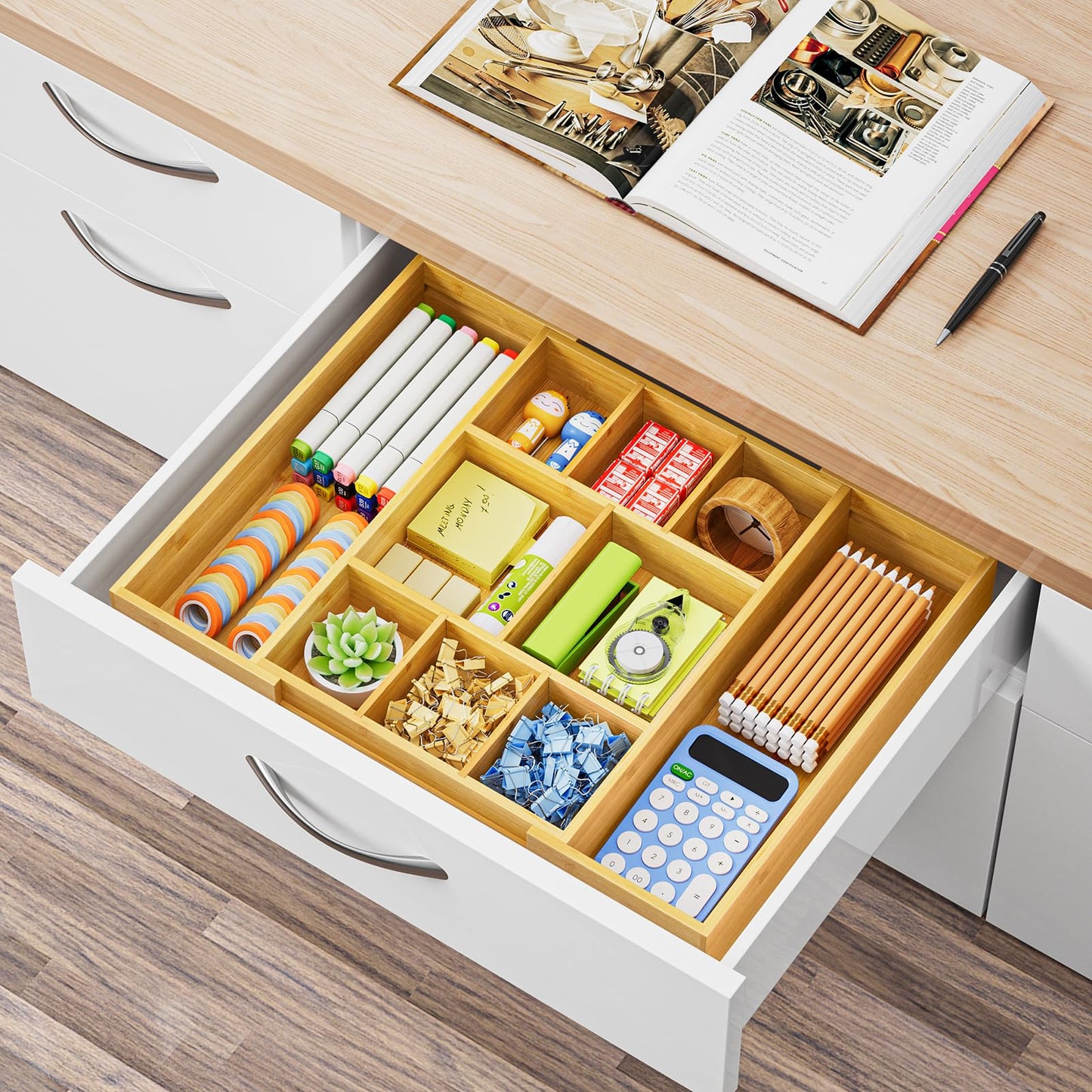 Marbrasse Bamboo Expandable Drawer Organizer, Desk Drawer Organizer Tray with 5 Dividers, Desk Organizers and Accessories, 10 Adjustable Compartments for Office Supplies, Junk, Makeup & Vanity