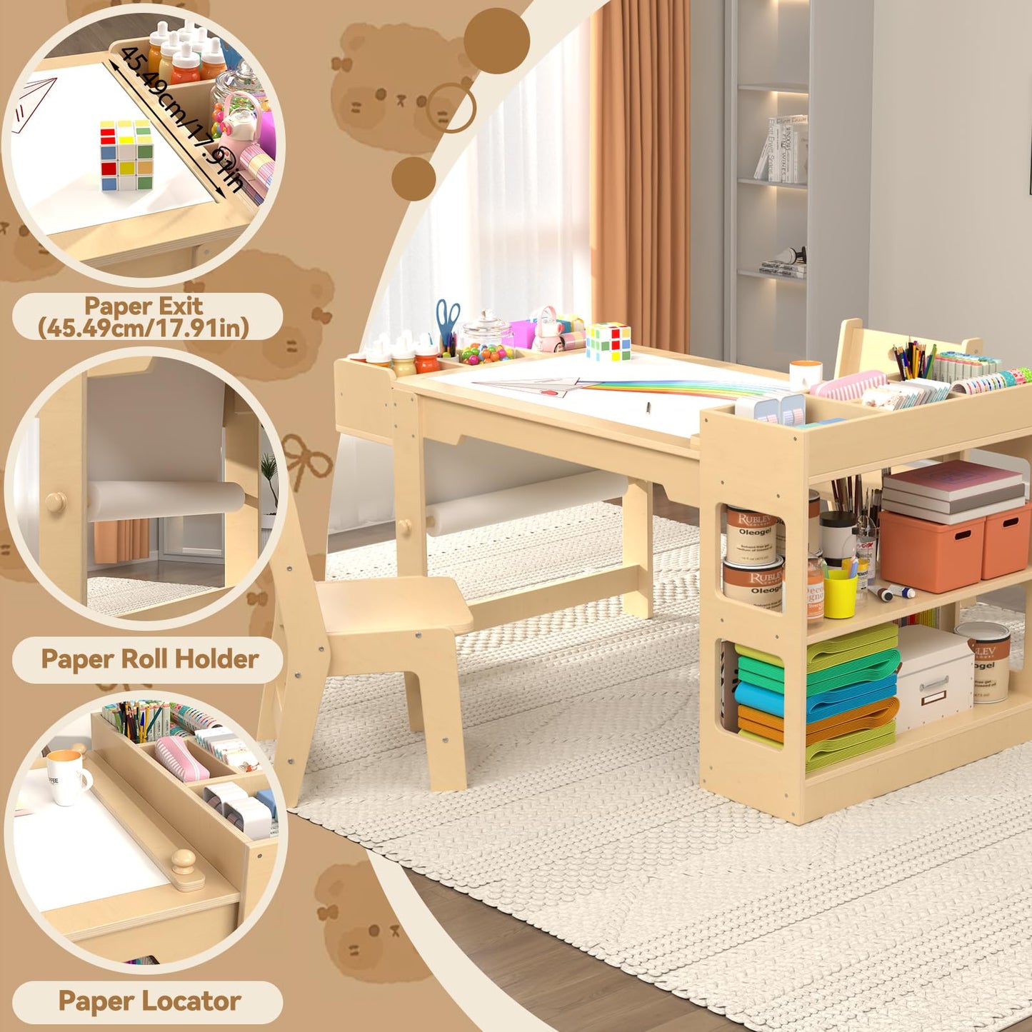 Kids Art Table and Chair Set, Kids Craft Table with Storage, Toddler Activity Play Desk with 2 Chairs, Wood Art Craft Play Desk with Paper Roller for Writing, Drawing, Learning and Reading