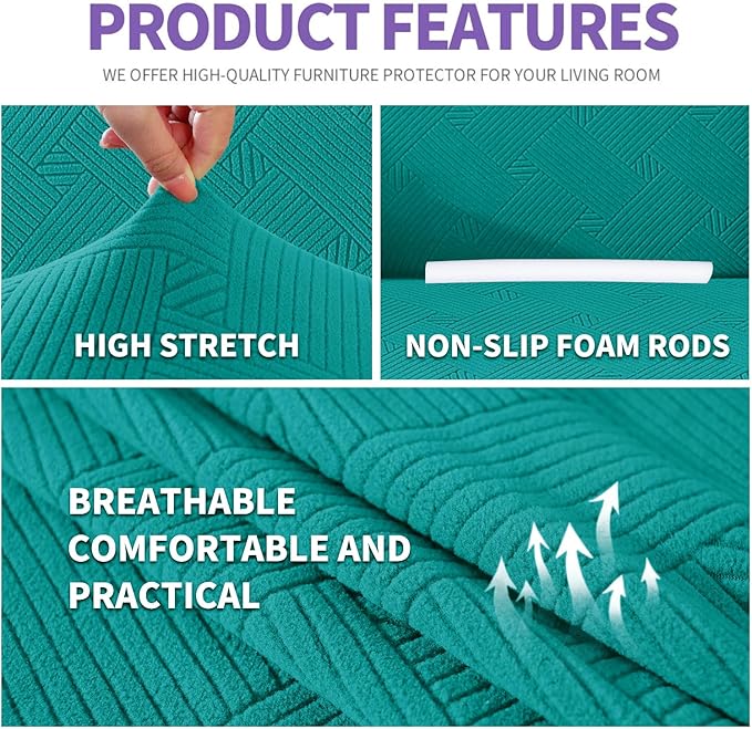 ZNSAYOTX Super Stretch Sofa Cover (72"-92"), New Striped Sofa Covers Fitted Slipcovers with Elastic Bottom, Dog Cat Pets Proof Spandex Washable Fabric Comfortable & Durable (Sofa, Peacock Teal)