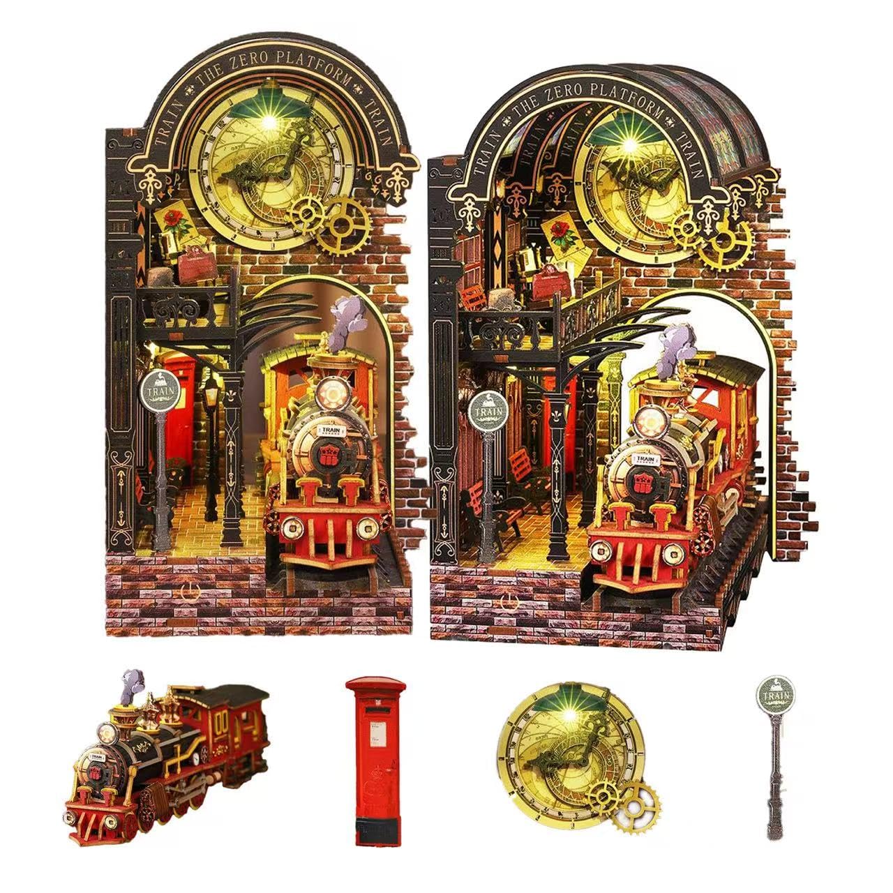 Bzmkpta DIY Book Nook Kit, 3D Wooden Puzzle Miniature House Model for Adults, Book Shelf Decor with LED Light, Miniature Bookstore Scenewith Steam Train, Creative Craft Kits for Adults